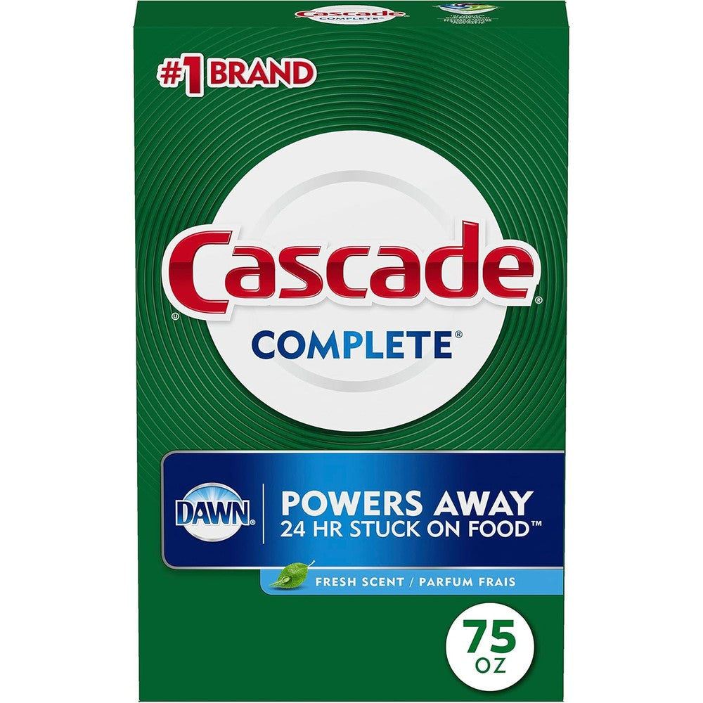 Cascade Complete Powder Dishwasher Detergent front packaging showing 75 ounce size.