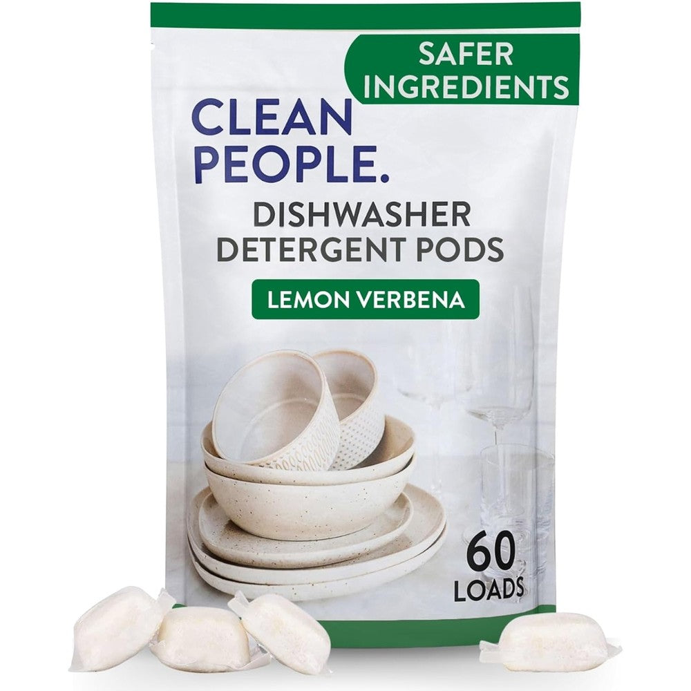 The Clean People Dishwasher Pods front view 60 count pack for grease-free dishes.