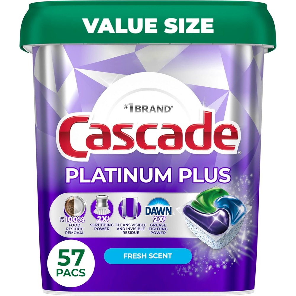 Cascade Platinum Plus Dishwasher Pods front view 57 count tub