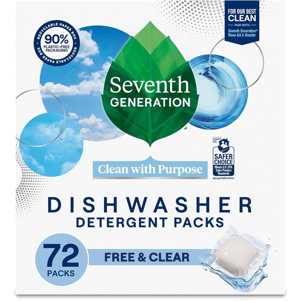 Seventh Generation Free and Clear Dishwasher Detergent Packs 72 count front view.