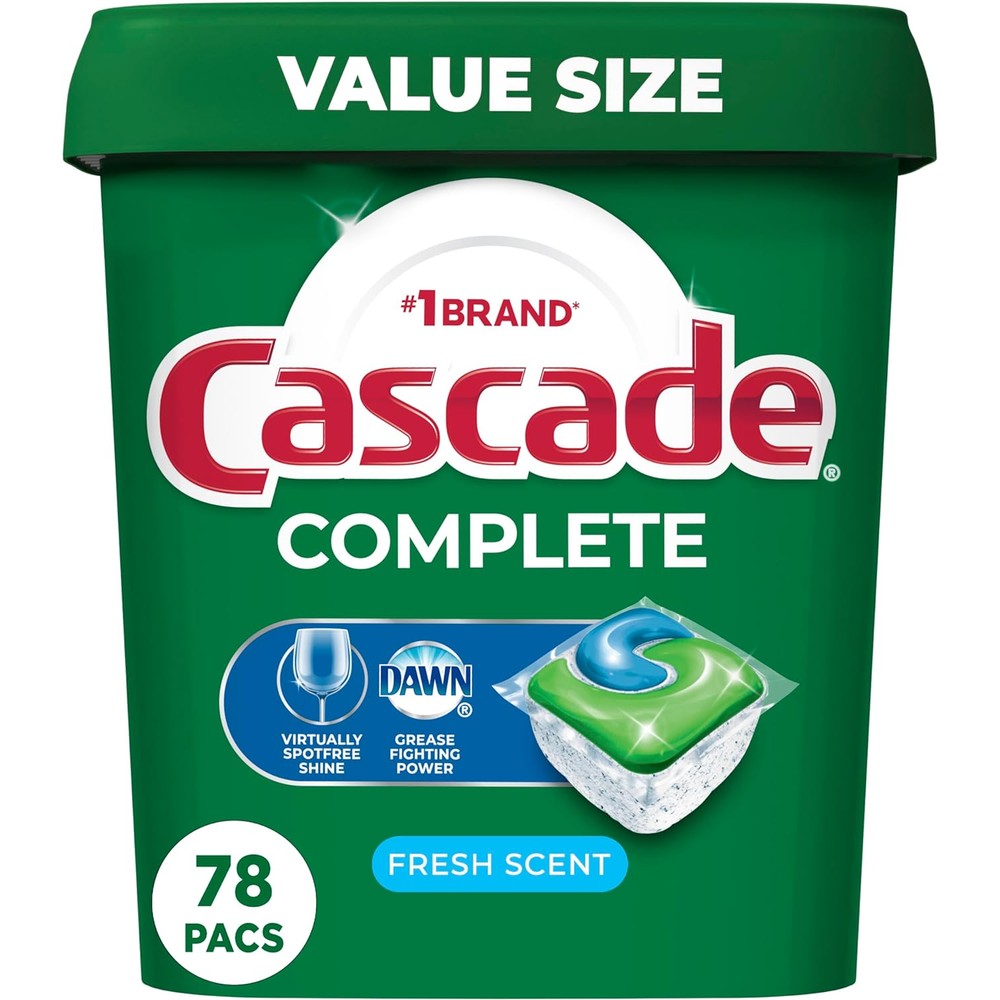 Cascade Complete ActionPacs 78 count container front view for grease-free dishes.