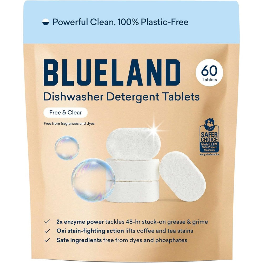 Blueland Plastic-Free Dishwasher Detergent Tablets front view eco-friendly packaging