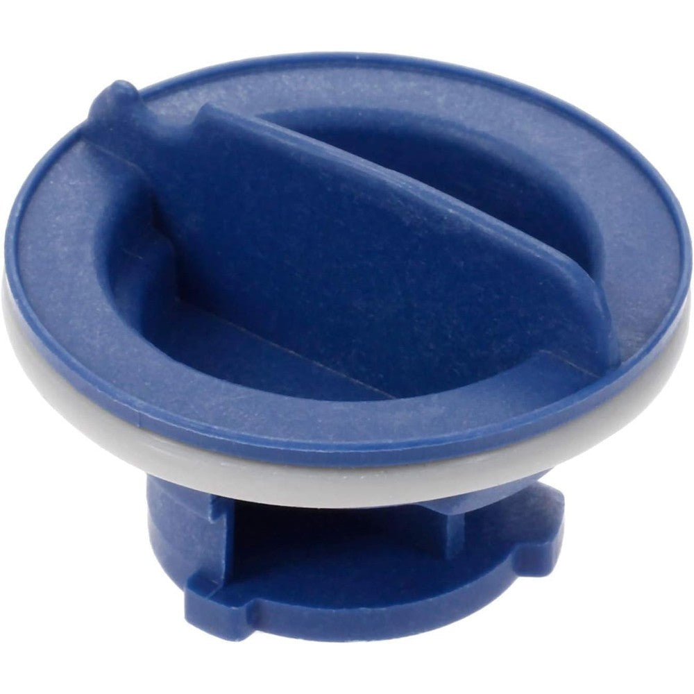 DMGE dishwasher rinse aid cap front view showing the blue plastic design and locking tabs