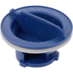 DMGE dishwasher rinse aid cap front view showing the blue plastic design and locking tabs