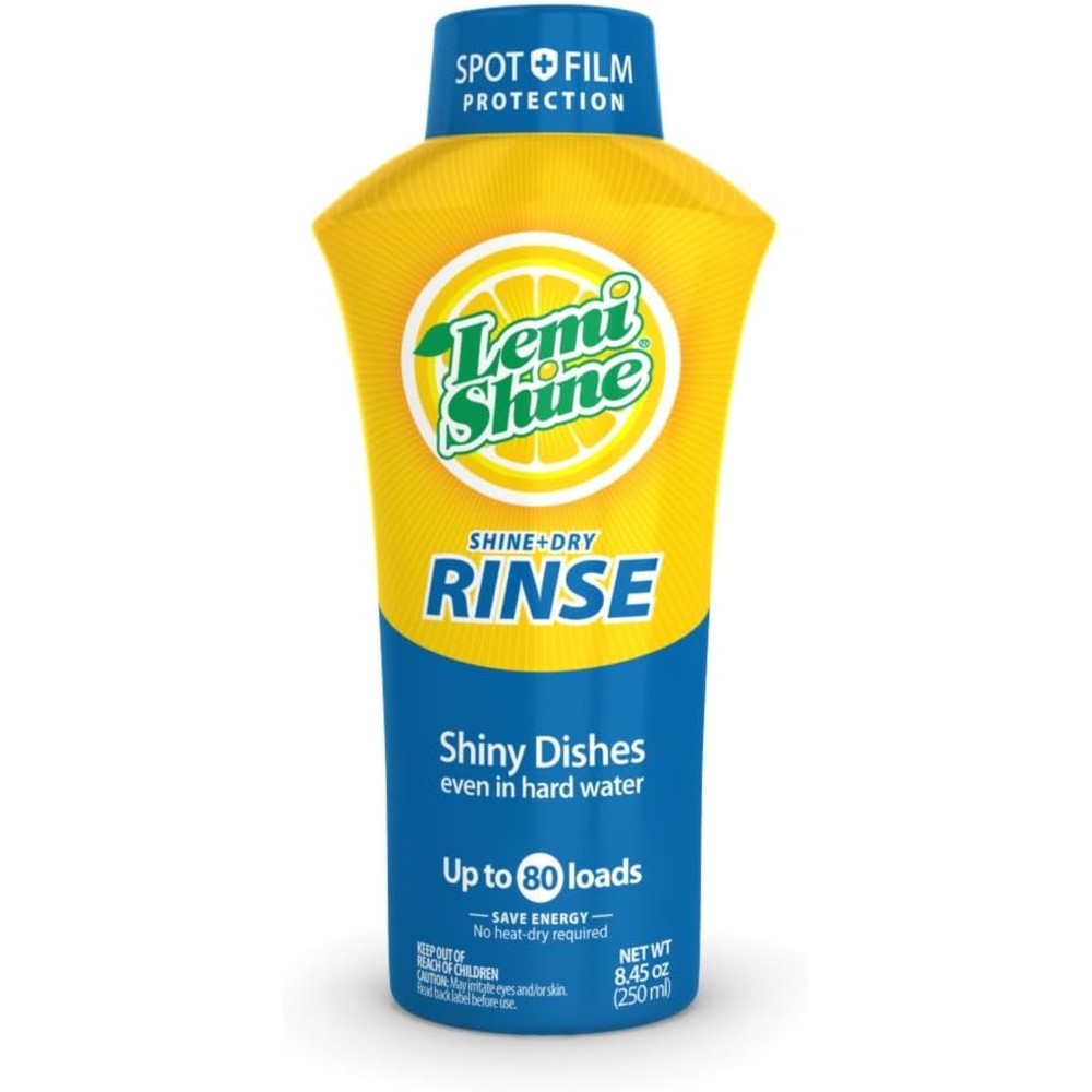 Lemi Shine Shine and Dry Natural Dishwasher Rinse Aid 8.45 Ounce front view for hard water spot removal.