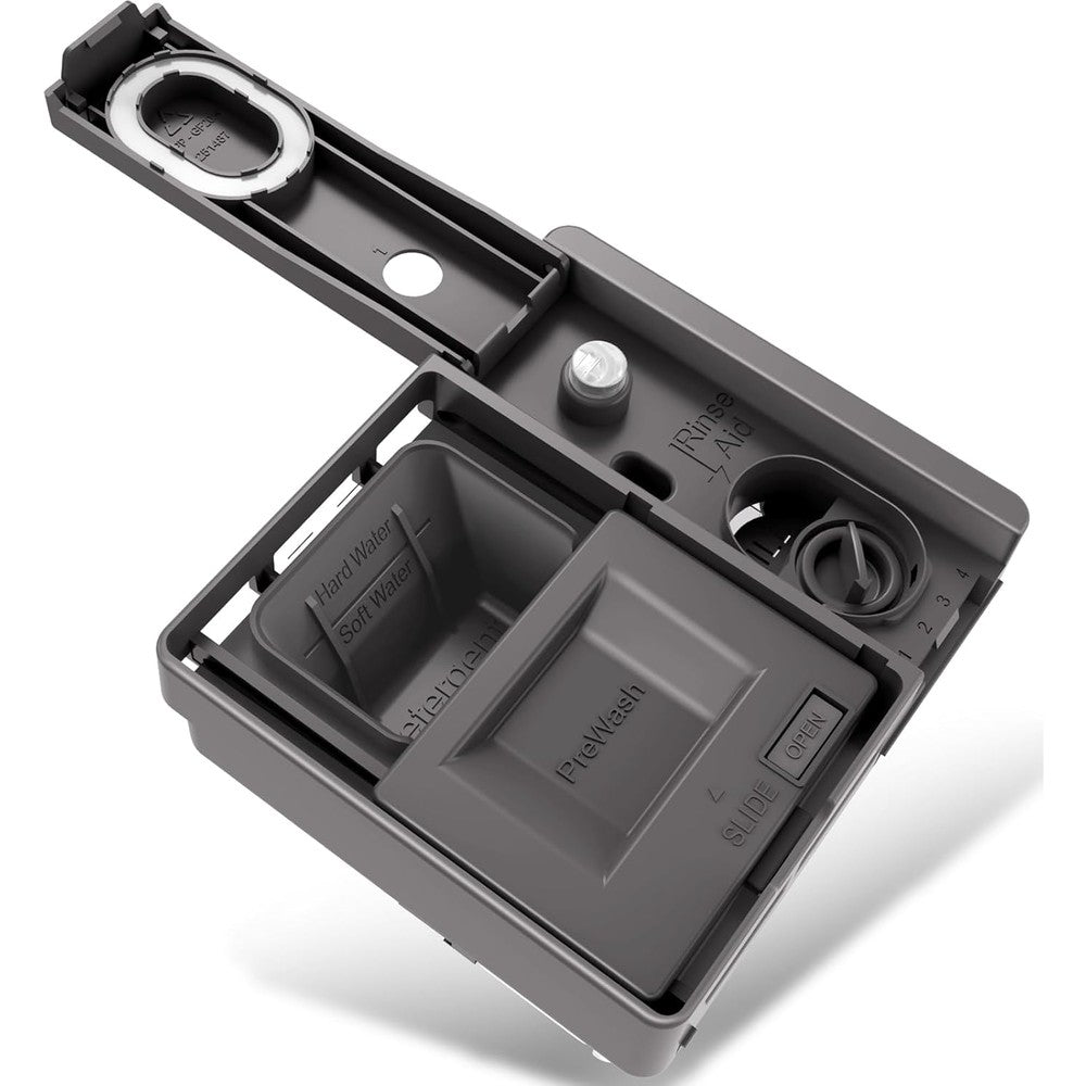Odree dishwasher detergent dispenser front view showing the slide to open door and rinse aid reservoir