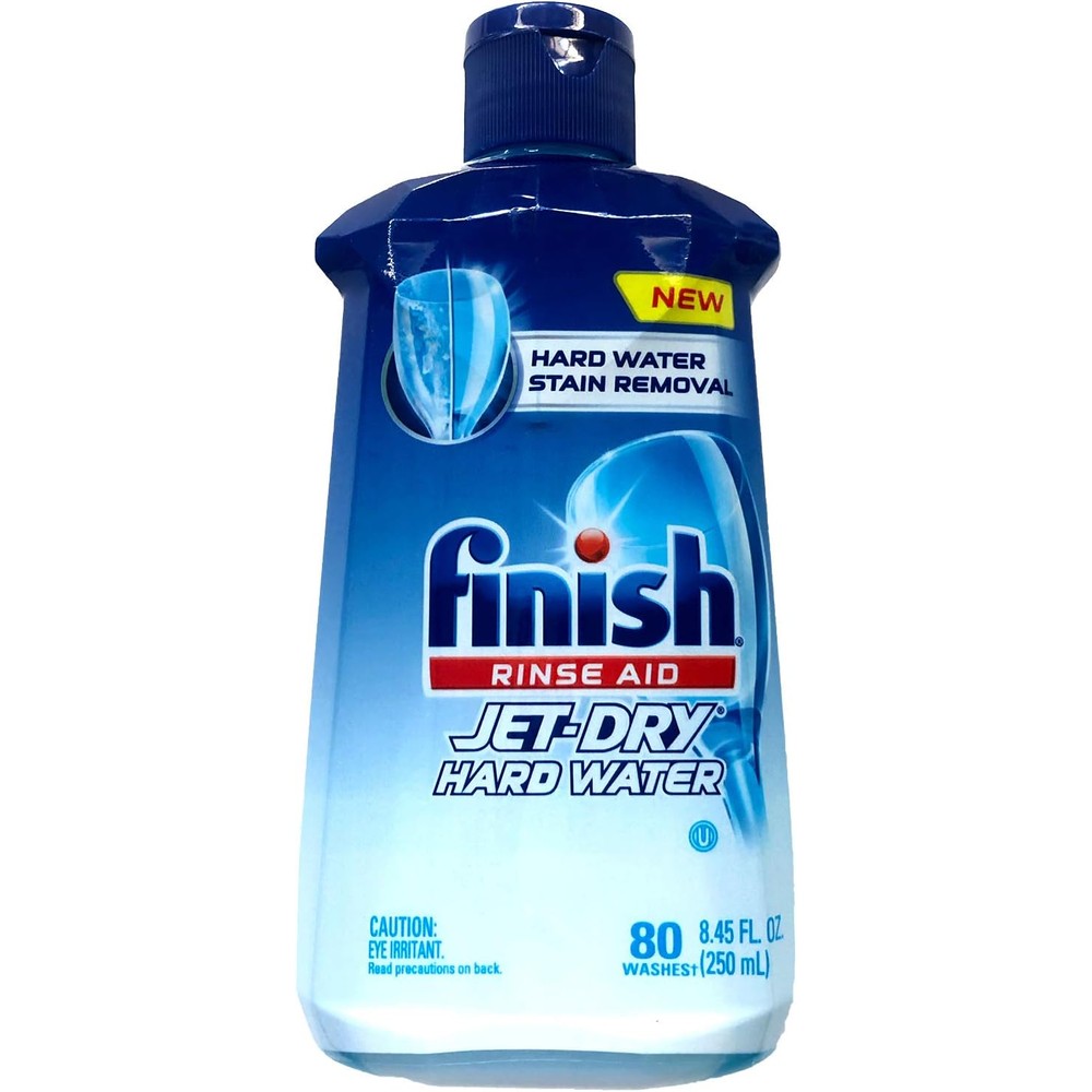 Finish Jet Dry Hardwater Protection Rinse Aid front view bottle for dishwasher spot removal.