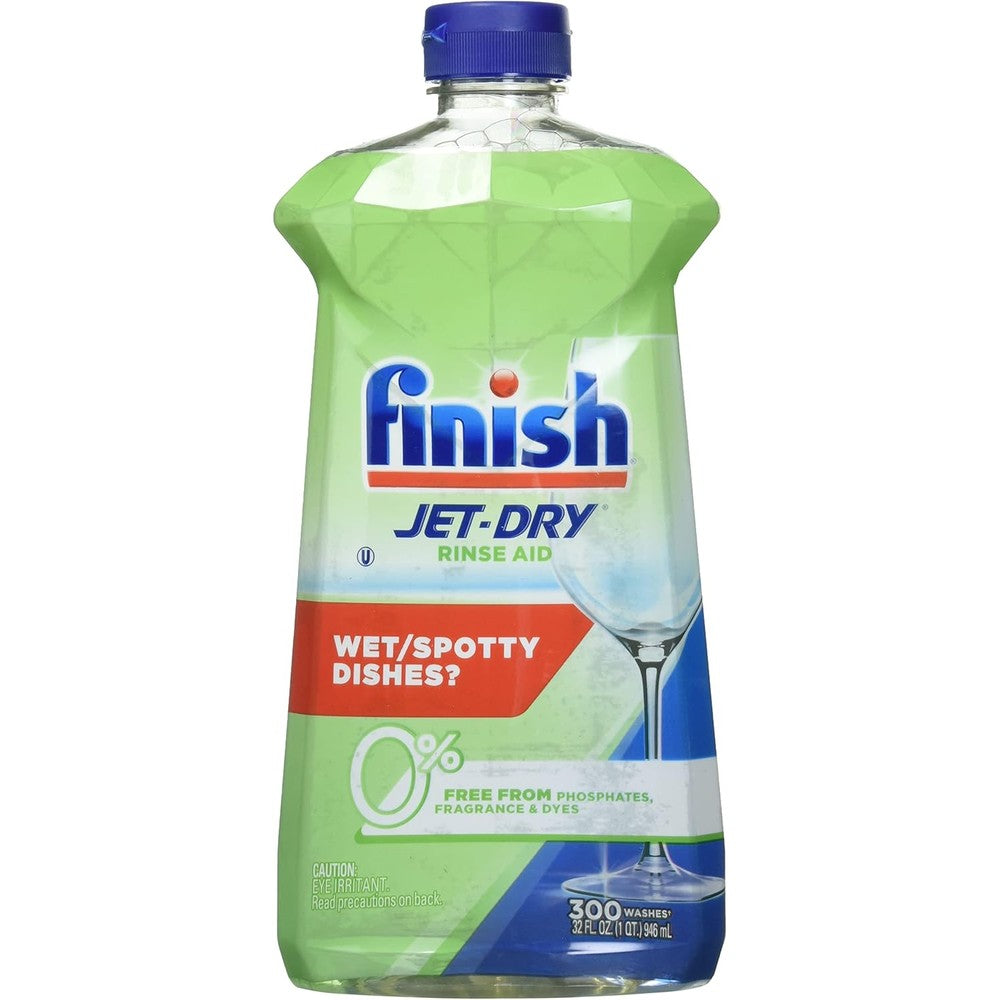 Finish Jet Dry Rinse Agent Liquid Green 0% 32 Ounce front bottle view for dishwasher drying.