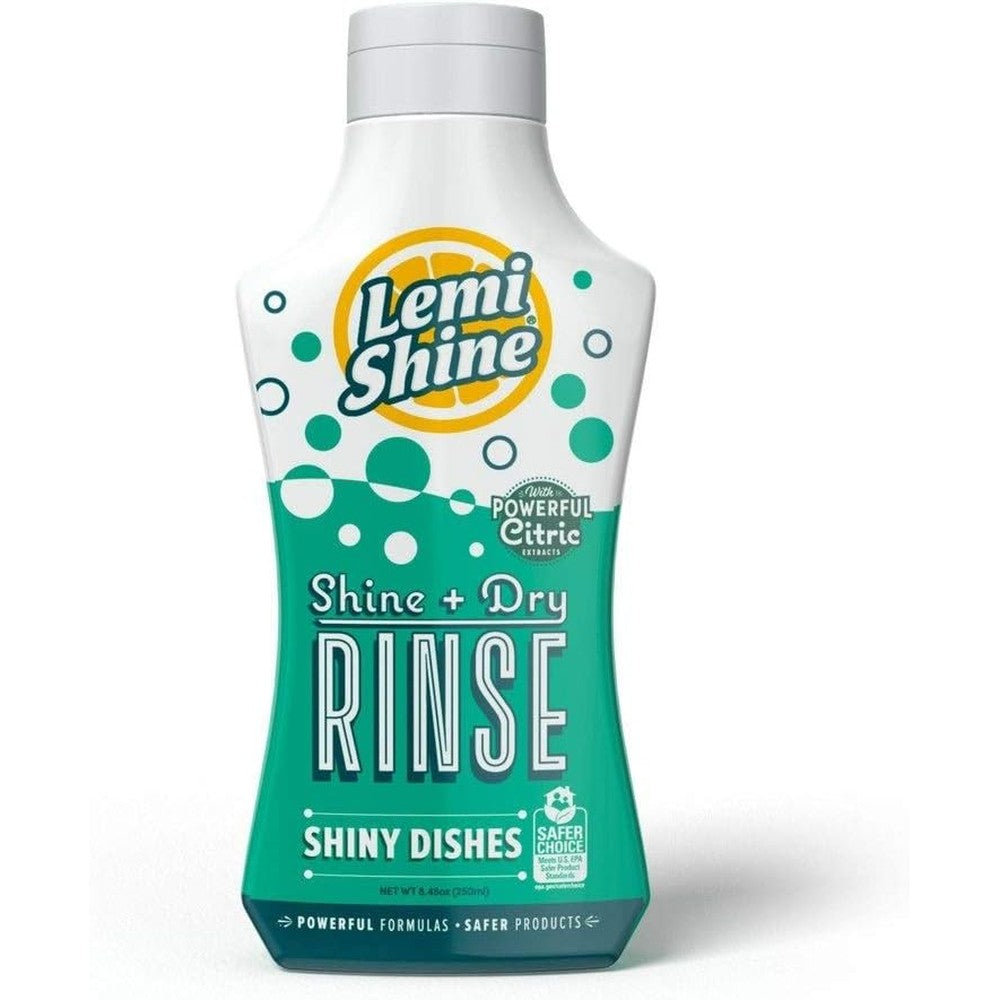 Lemi Shine Shine Plus Dry Natural Rinse Aid 8.45 Ounce bottle front view for hard water dishwashing.