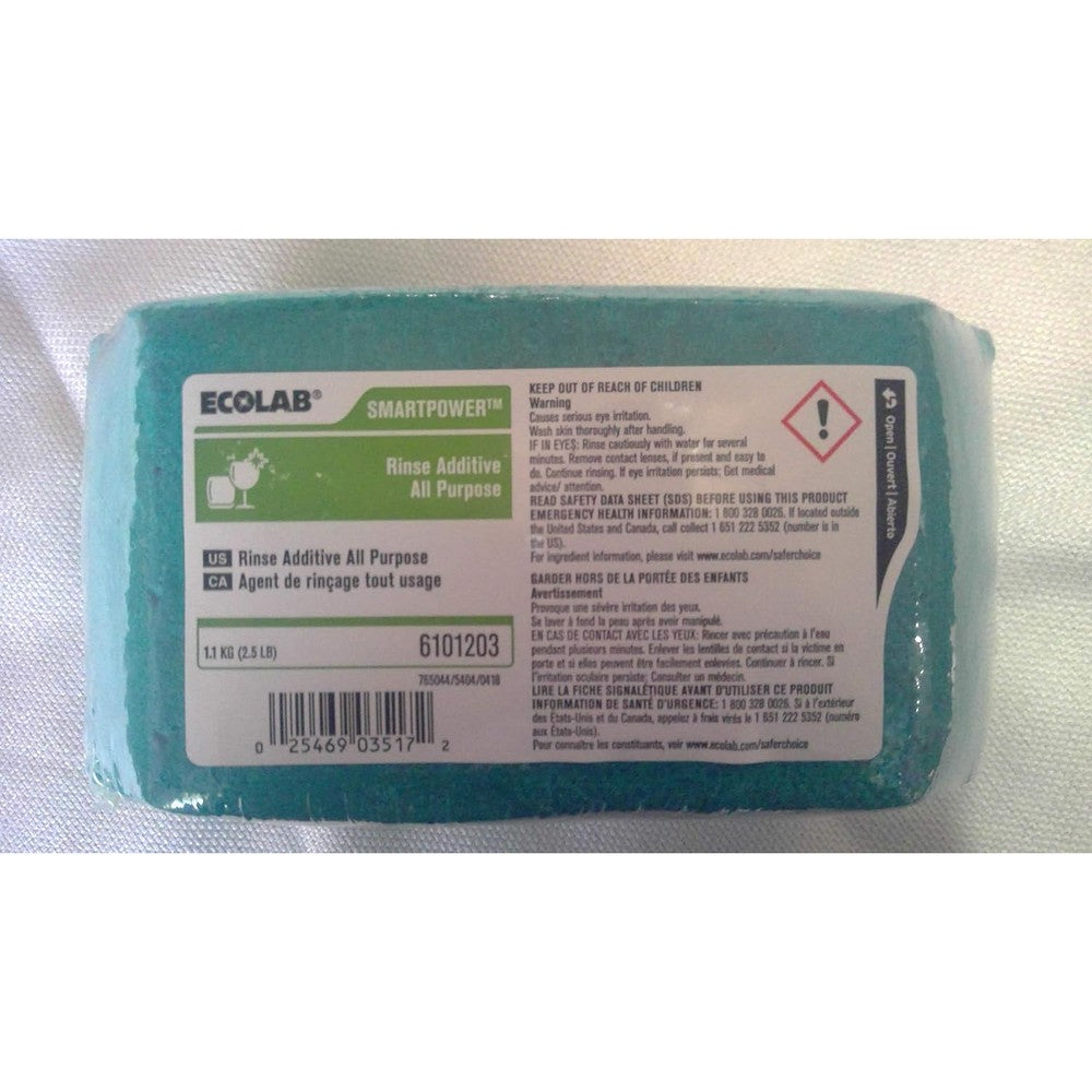 Ecolab Smartpower Rinse Additive All Purpose front view of commercial solid block packaging.