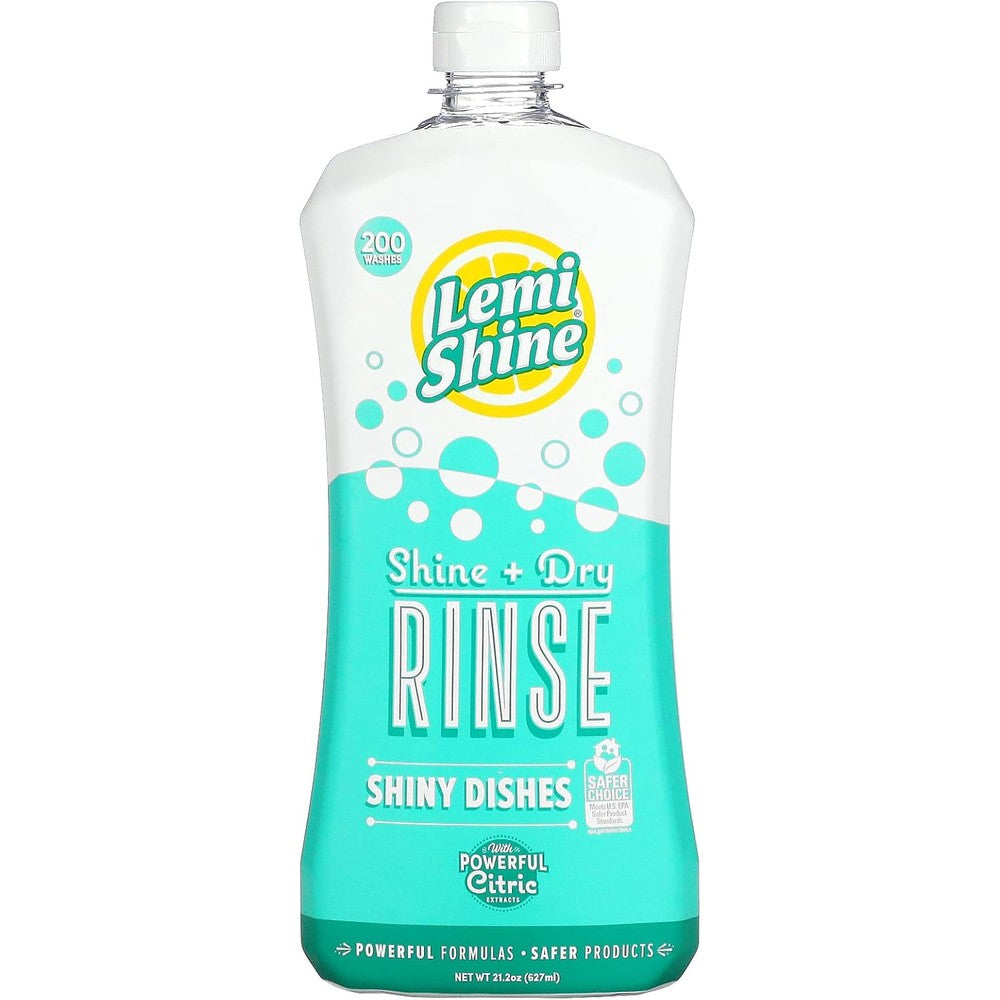 Lemi Shine Shine and Dry Dishwasher Rinse Aid 21.2 Ounce front view for hard water spot removal.