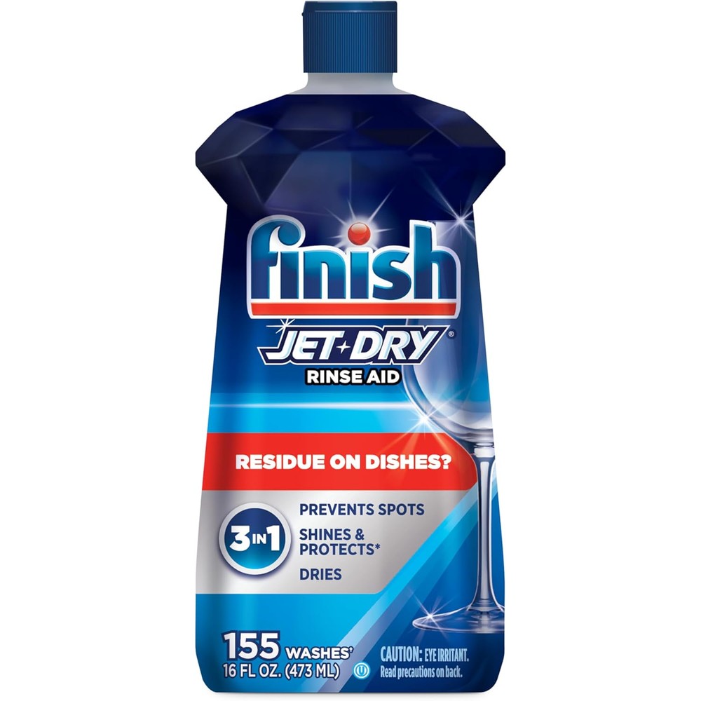 Finish Jet-Dry Rinse Aid 16 Fluid Ounce front view for dishwasher spot prevention