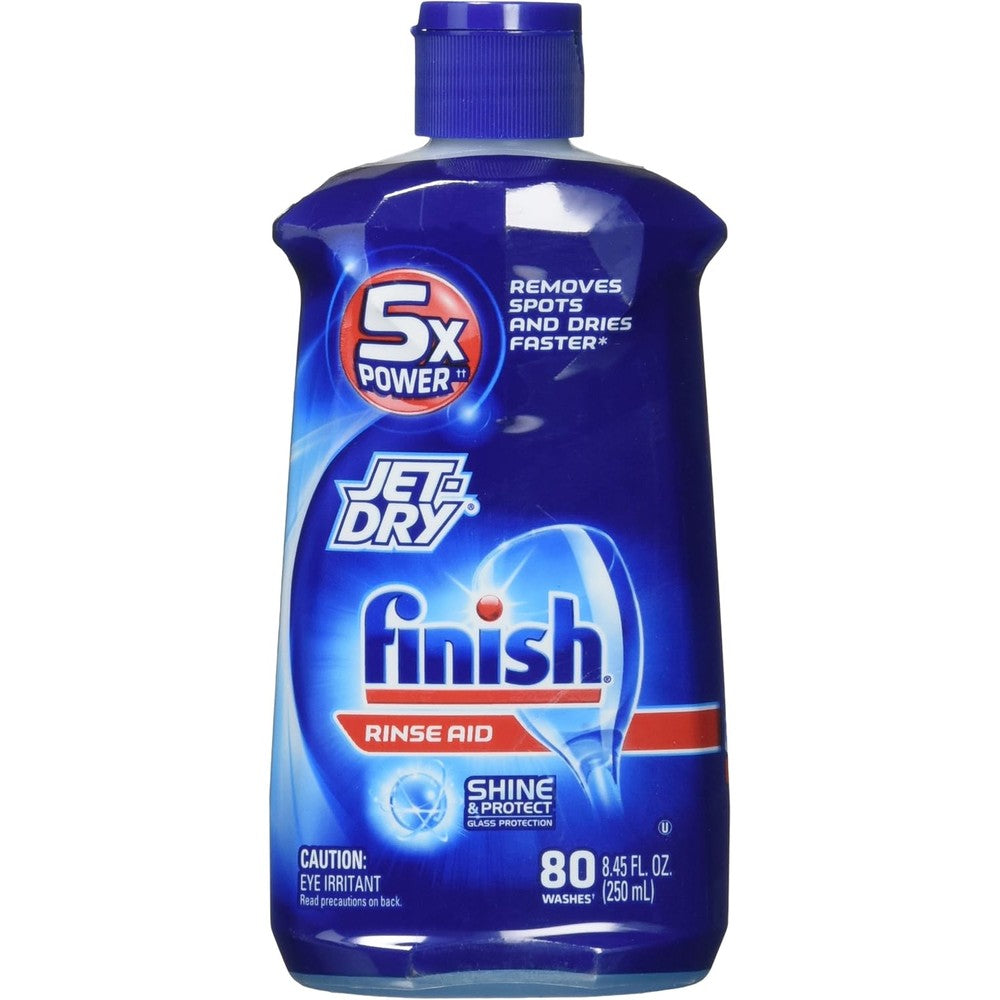 Finish Jet-Dry Rinse Aid 8.45 ounce bottle front view for dishwasher spot protection.