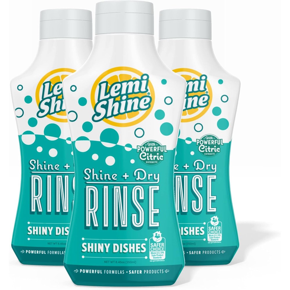 Lemi Shine Shine + Dry Natural Dishwasher Rinse Aid front view for hard water stain removal.