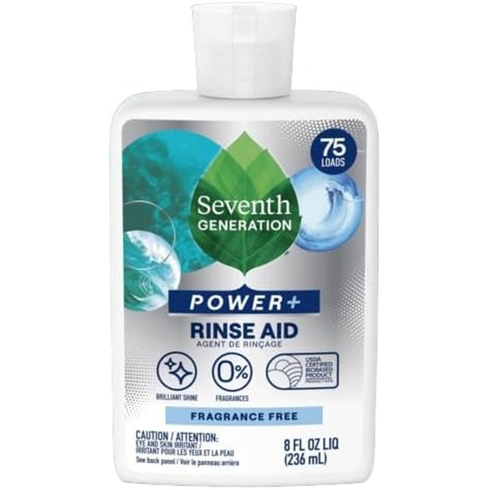Seventh Generation Power Plus Dishwasher Rinse Aid front view of 8 fluid ounce bottle.