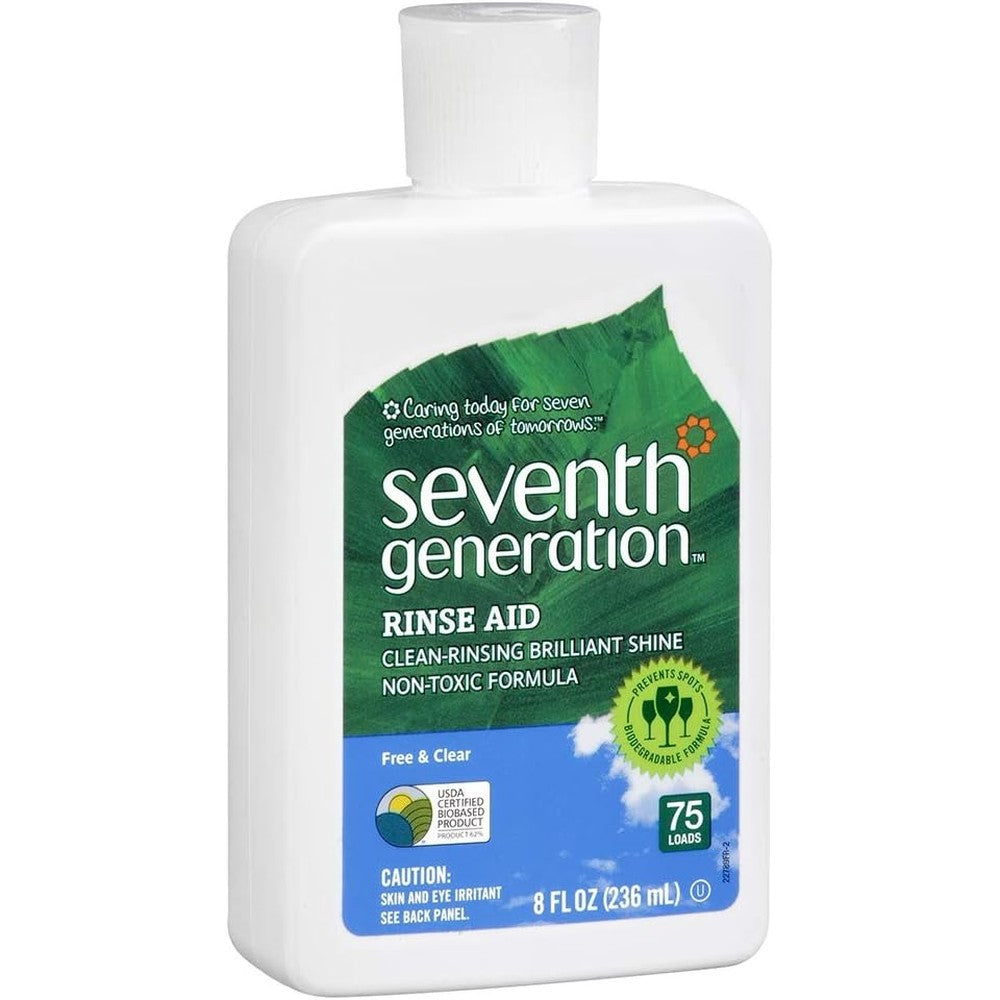 Seventh Generation Free and Clear Rinse Aid front view authentic plant based dishwasher solution.