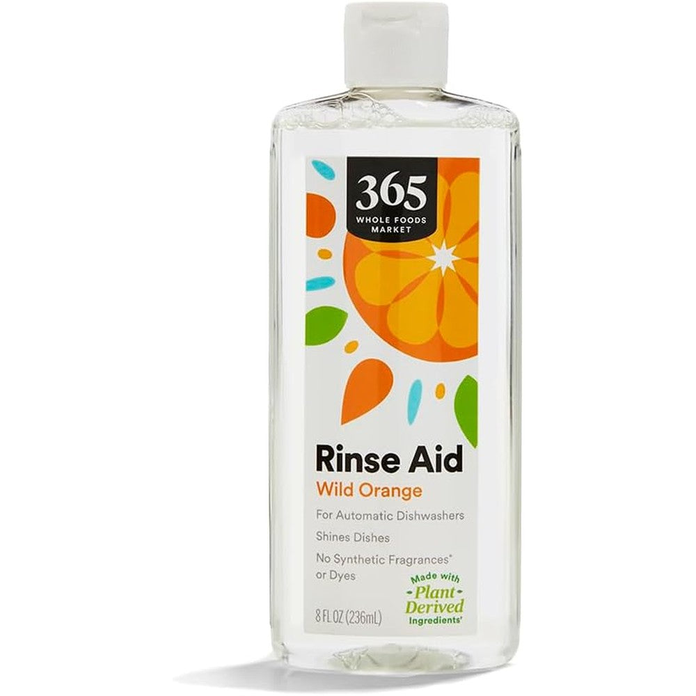 365 by Whole Foods Market Rinse Aid Wild Orange 8 Fluid Ounce front view bottle for spot-free dishes.