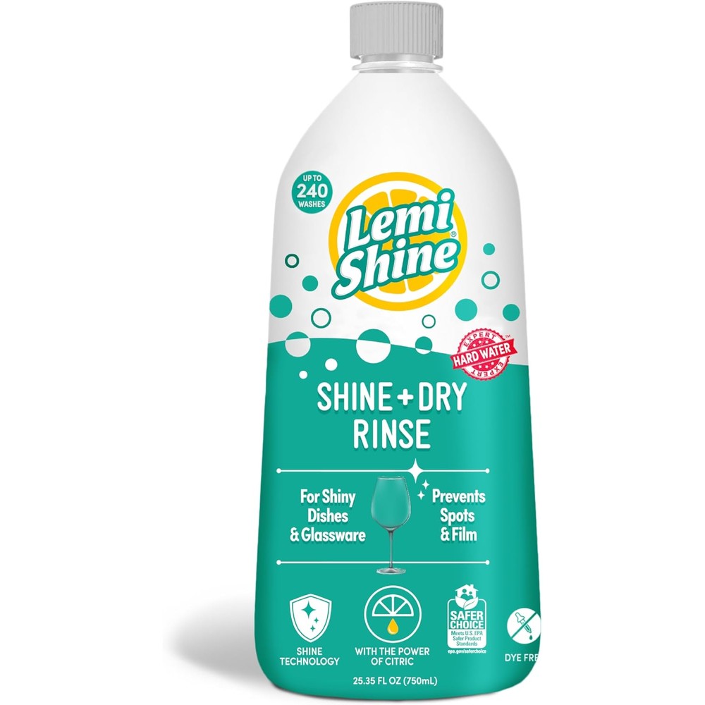 Lemi Shine Shine and Dry Natural Dishwasher Rinse Aid front view for hard water removal