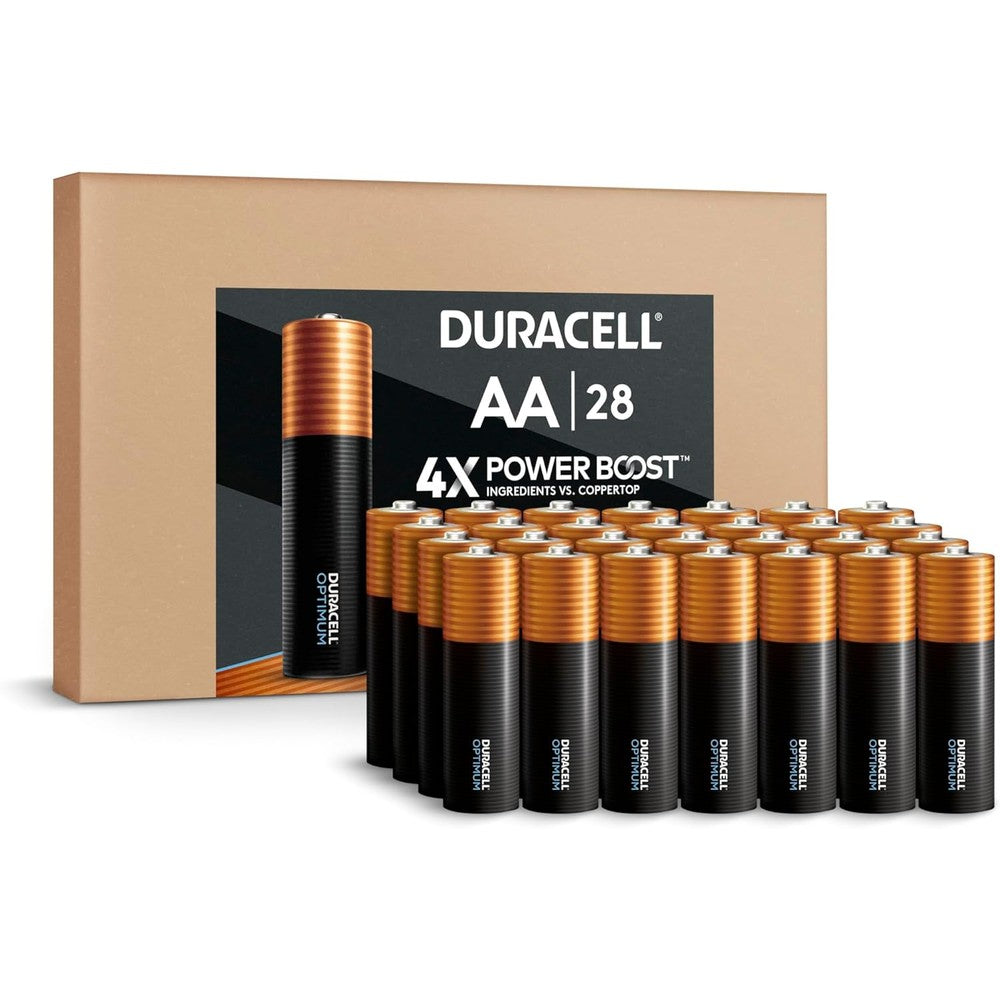 Duracell Optimum AA Batteries 28 Count pack front view showcasing the black and gold slider storage box.