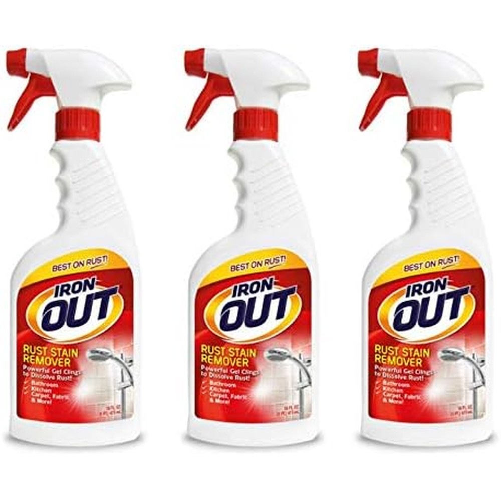 Iron OUT Rust Stain Remover Spray Gel 3-pack bottle front view for heavy-duty household cleaning.