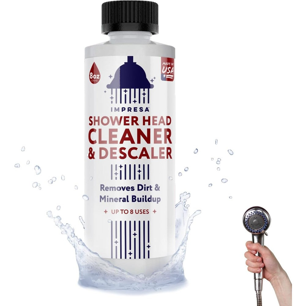 Impresa Shower Head Cleaner 8 fluid ounce bottle front view for hard water descaling.