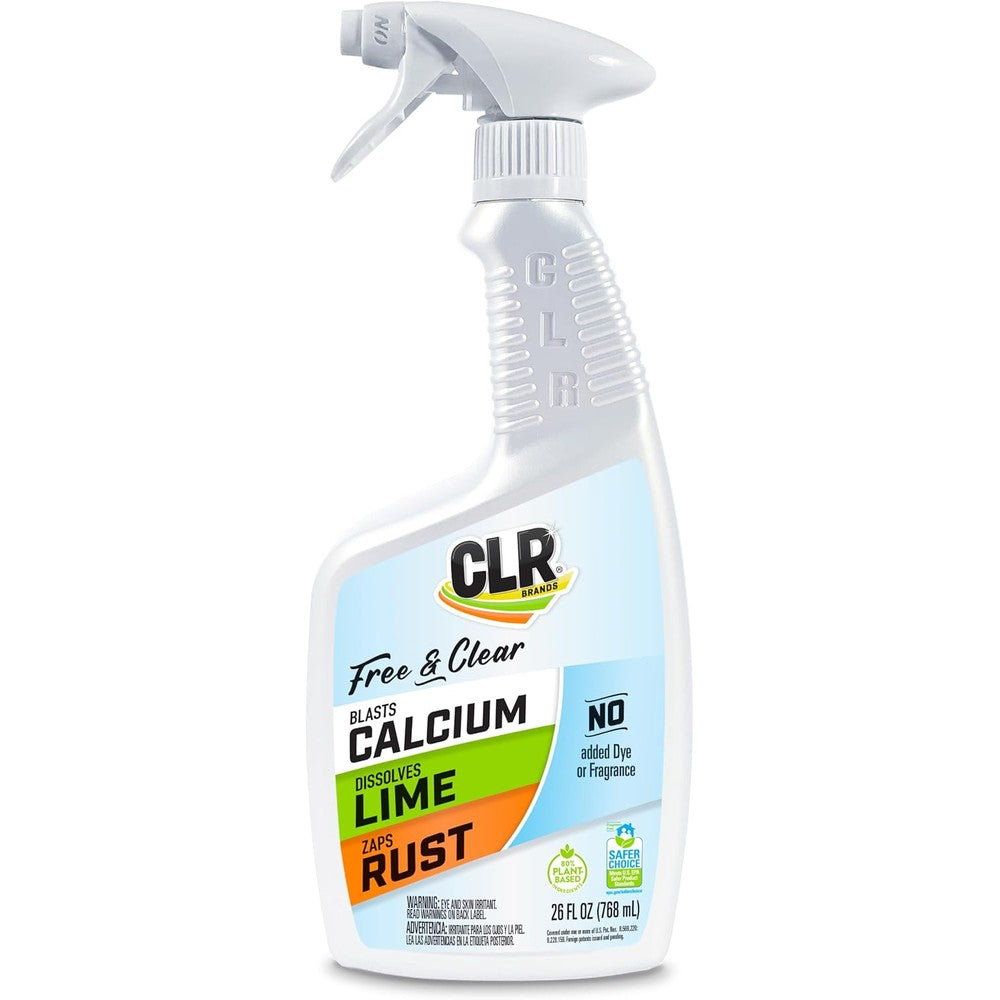 CLR Brands Calcium Lime and Rust Remover Free and Clear 26 Ounce bottle front view for hard water descaling.