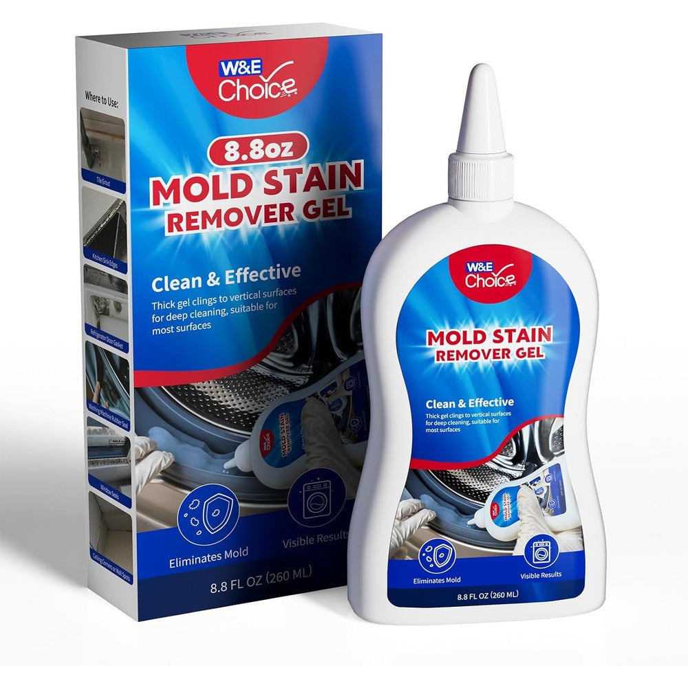 W&E Choice Mold Stain Remover Gel front view of 8.8 fluid ounce bottle for bathroom cleaning.