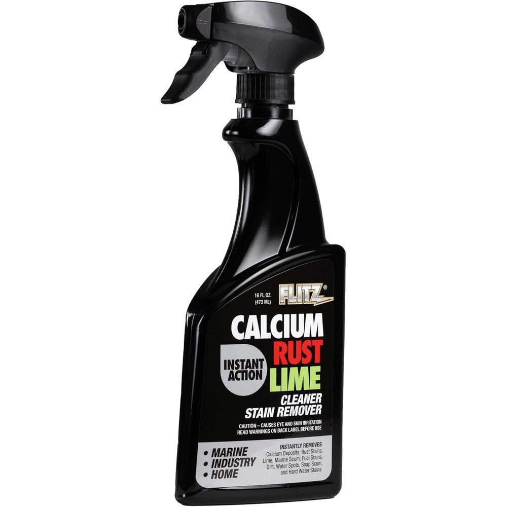 Flitz Instant Calcium Rust and Lime Remover 16 Ounce spray bottle front view for limescale cleaning.