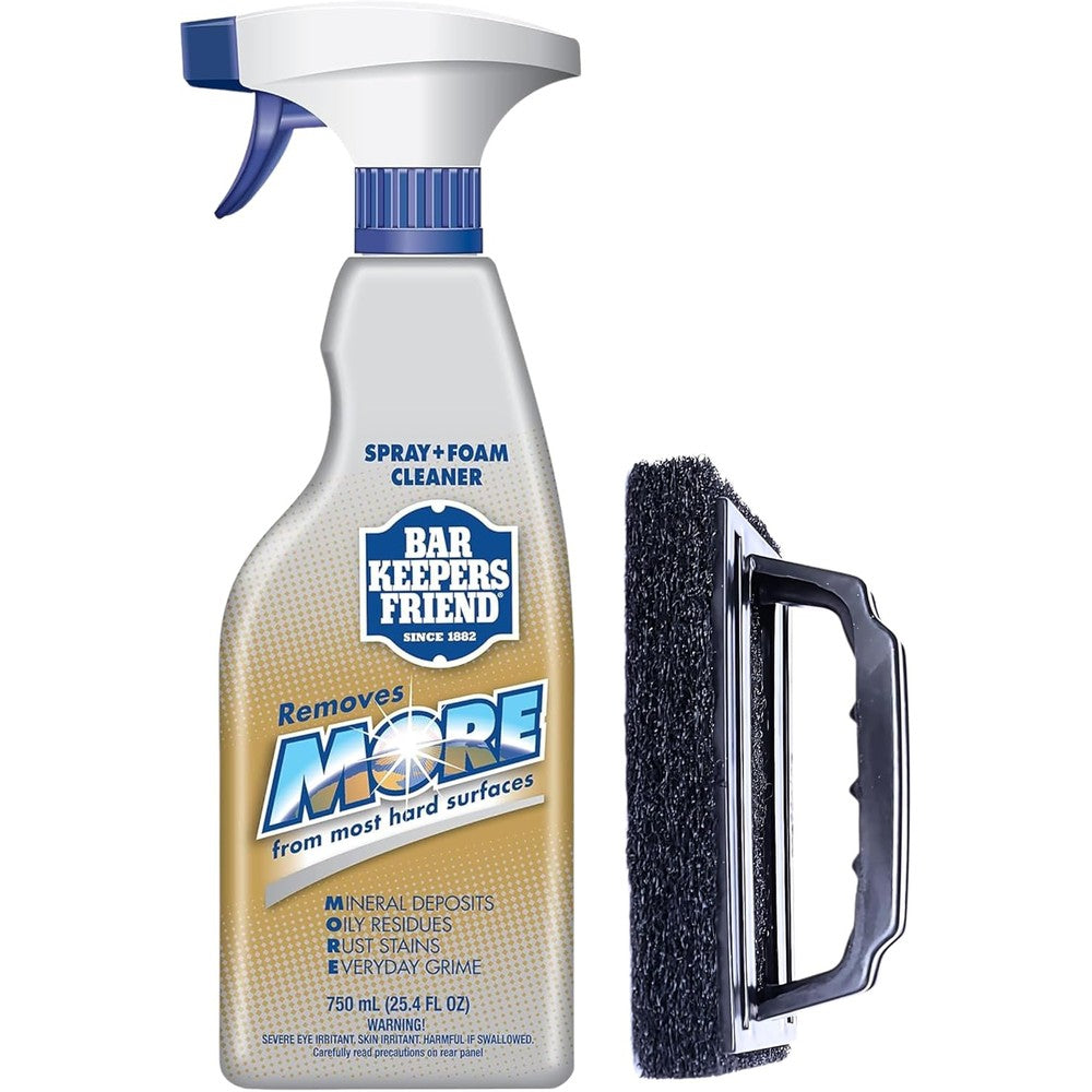 Bar Keepers Friend Daily Shower Spray Kit front view showing foam cleaner bottle and scrub brush for bathroom cleaning.