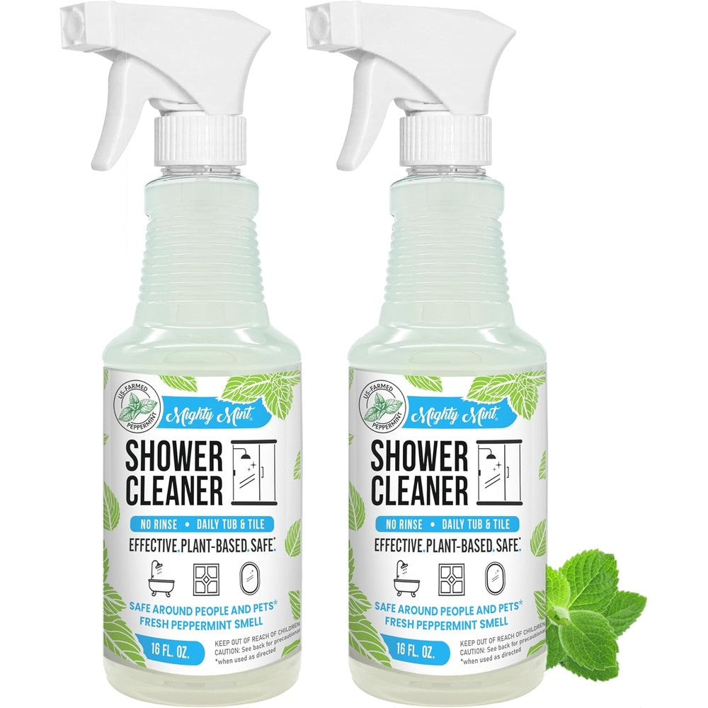 Mighty Mint Shower Cleaner 2 pack front view of non-toxic peppermint daily spray