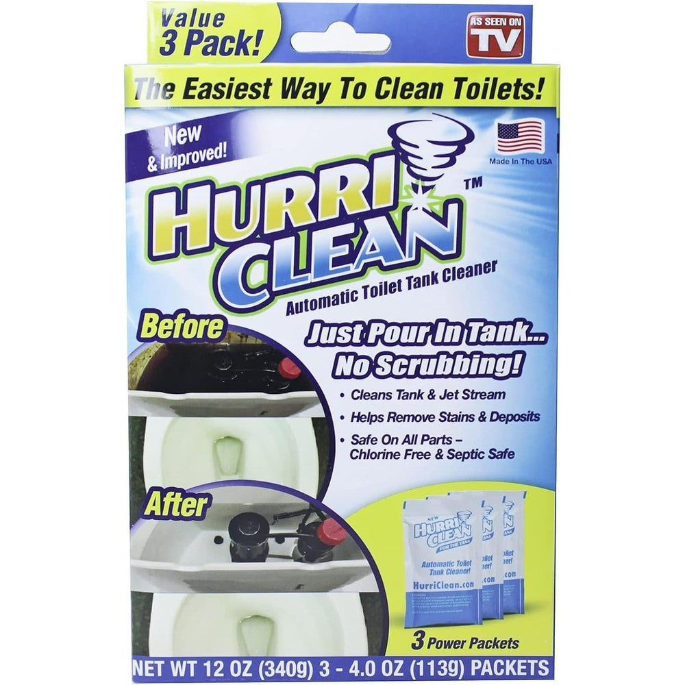 Hurriclean Deluxe 3-Pack Automatic Toilet Tank Cleaner front view showing foaming action.