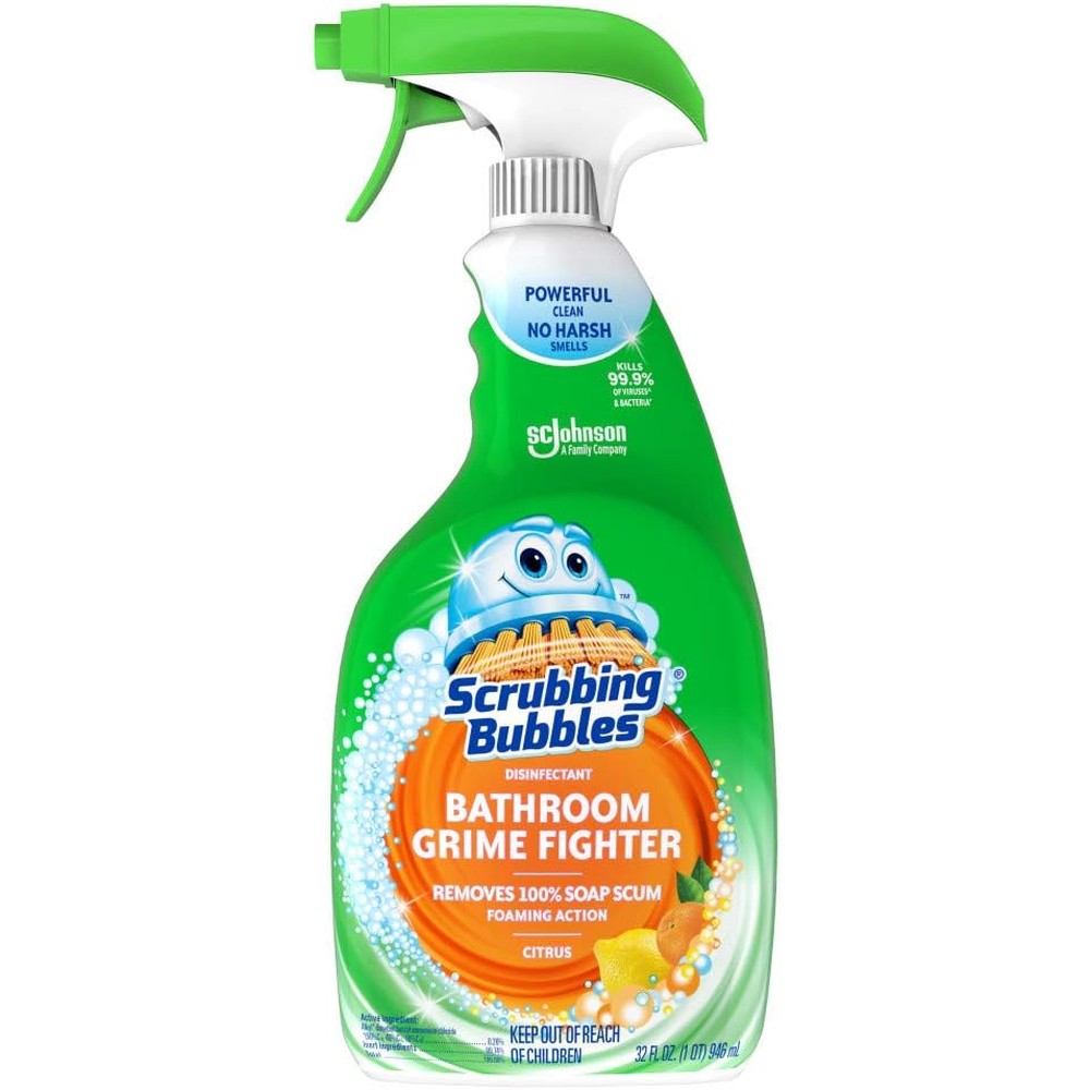 Scrubbing Bubbles Bathroom Grime Fighter Citrus 32 Ounce front view foaming disinfectant spray.