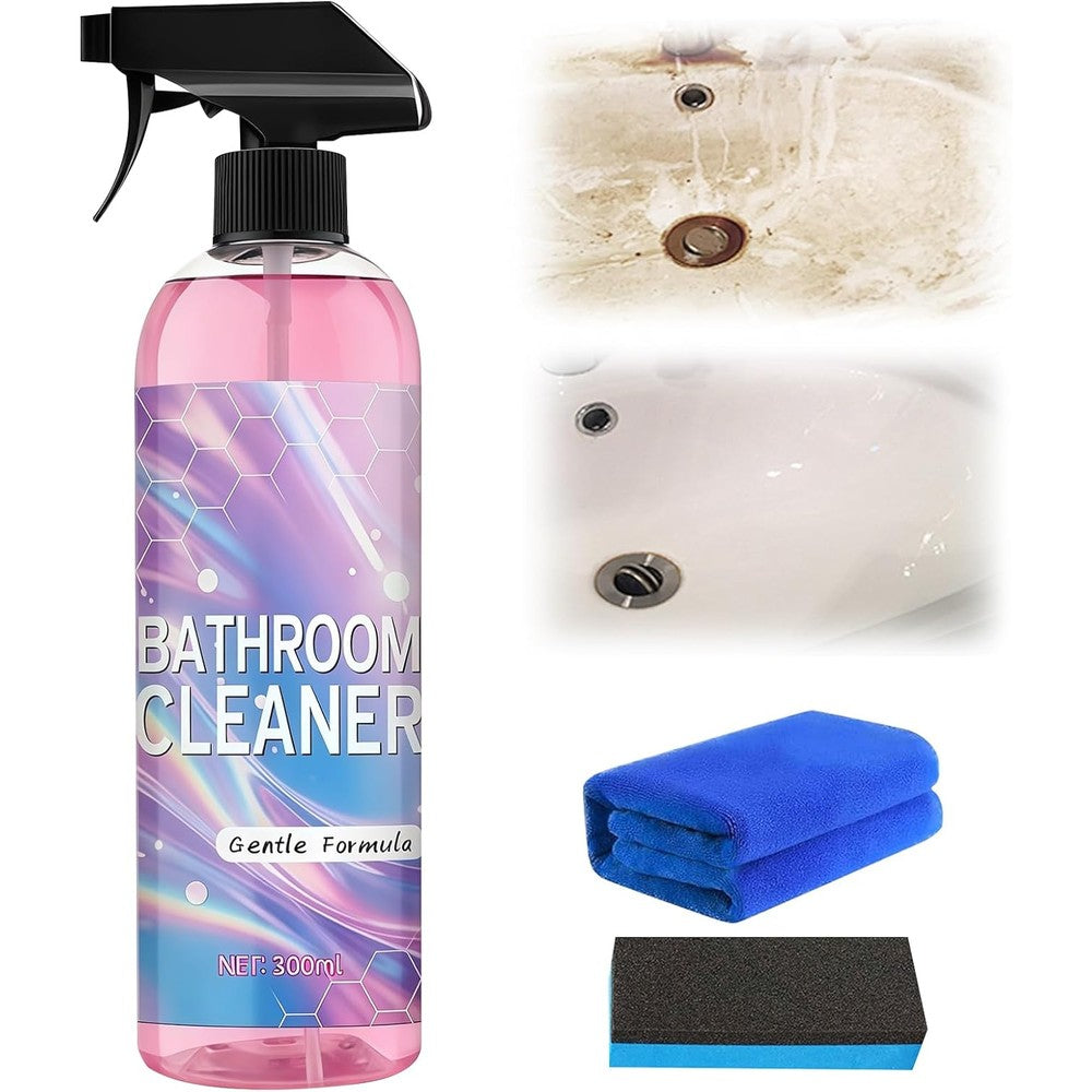 Fretory Bathroom Descaler Foam Cleaner 300ml pink spray bottle for limescale removal.