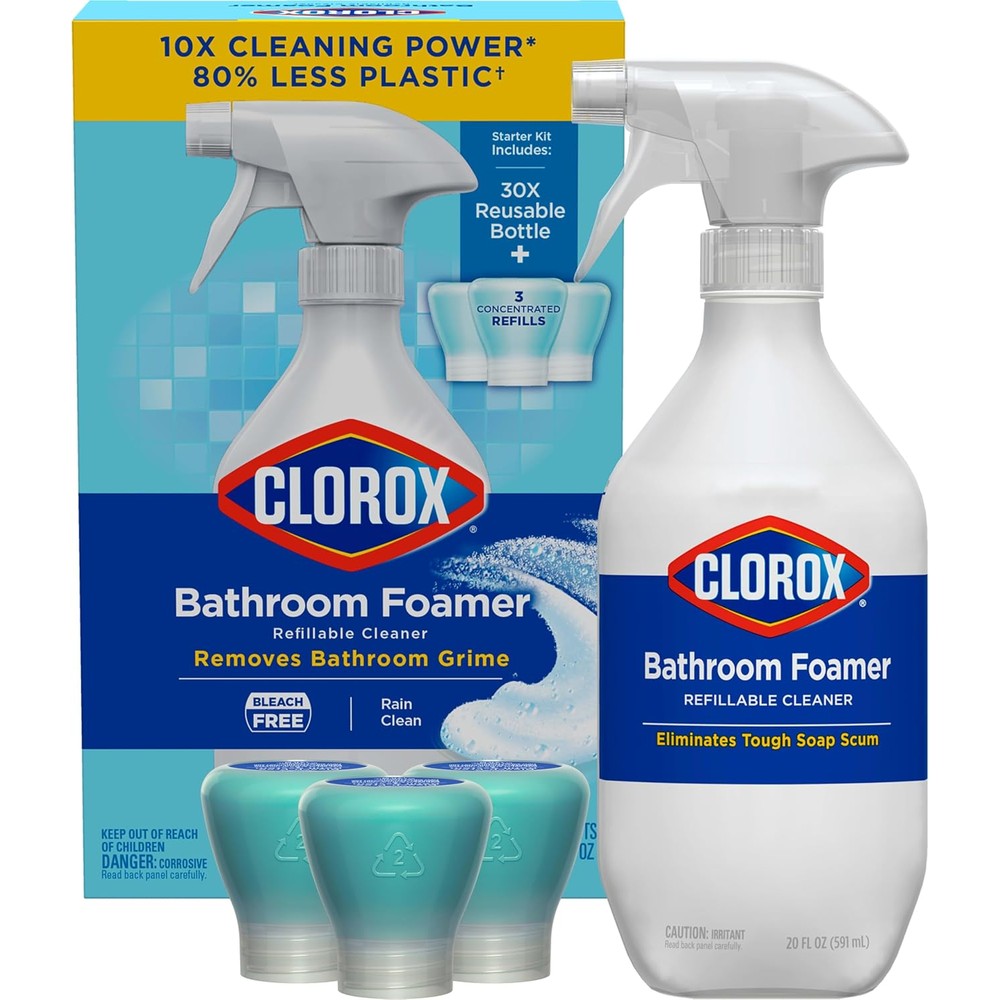 Clorox Bathroom Foamer Refillable Cleaner starter kit showing bottle and three pods for sustainable household cleaning.