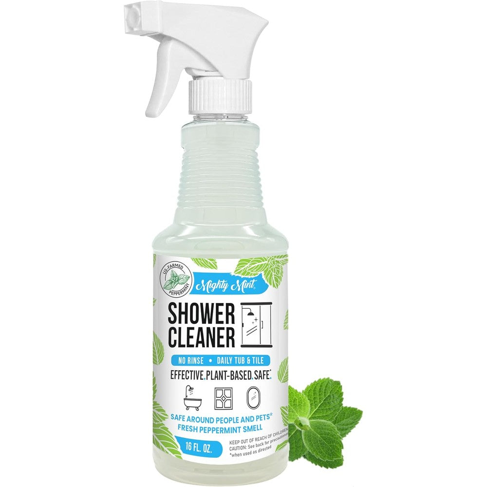 Mighty Mint Daily Shower Cleaner 16 Ounce bottle front view for non-toxic bathroom cleaning.