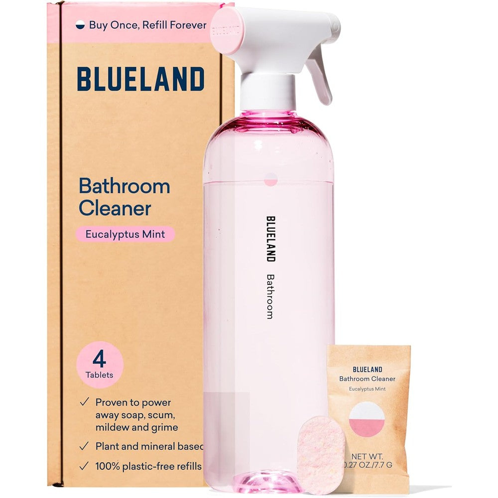 Blueland Bathroom Cleaner Starter Set with spray bottle and refill tablets for eco-friendly cleaning.