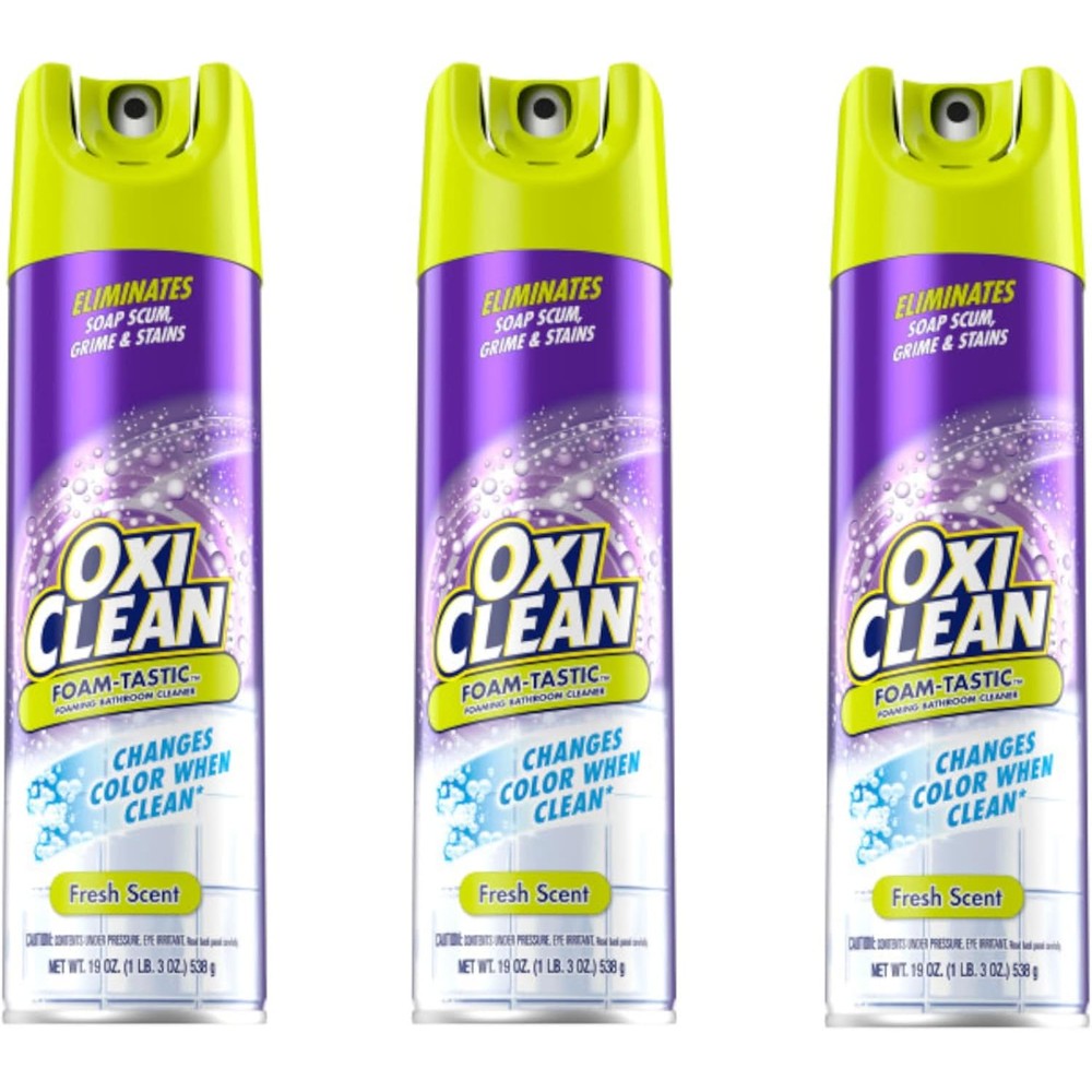 OxiClean Foam-Tastic 19 Ounce Pack of 3 front view showing color-changing bathroom cleaner technology.