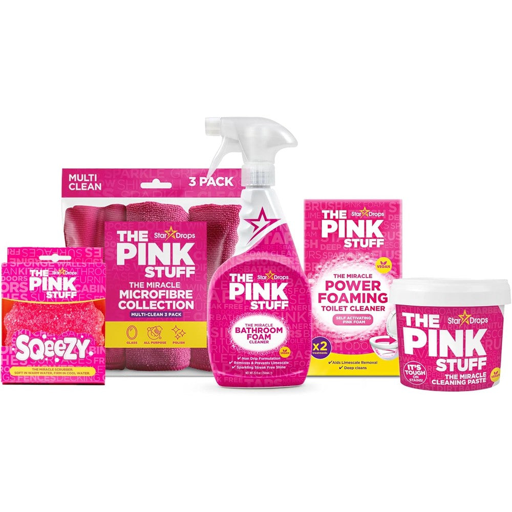 Stardrops The Pink Stuff Bathroom Cleaning Kit front view with foam spray and cleaning paste.