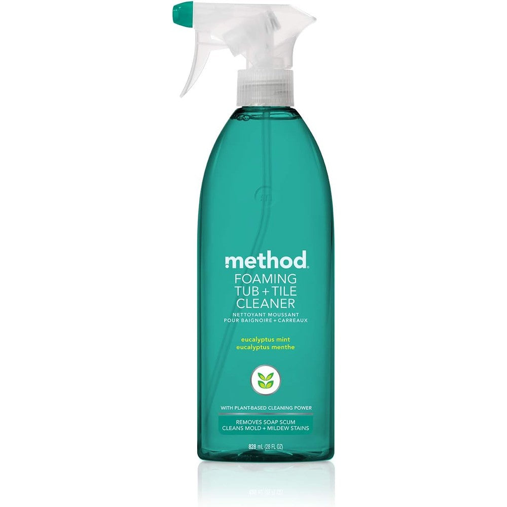 Method Foaming Tub and Tile Cleaner Eucalyptus Mint bottle front view for bathroom deep cleaning.