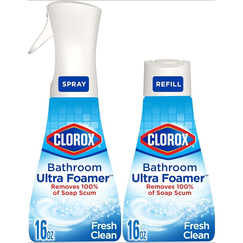 Clorox Bathroom Ultra Foamer spray bottle and refill set front view for deep cleaning soap scum.
