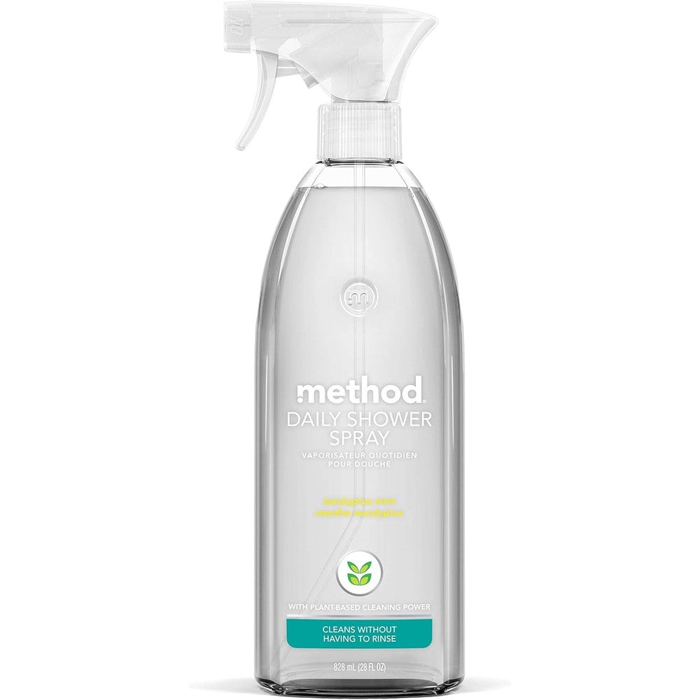 Method Daily Shower Spray Cleaner Eucalyptus Mint 28 Ounce bottle front view for non-toxic bathroom cleaning.