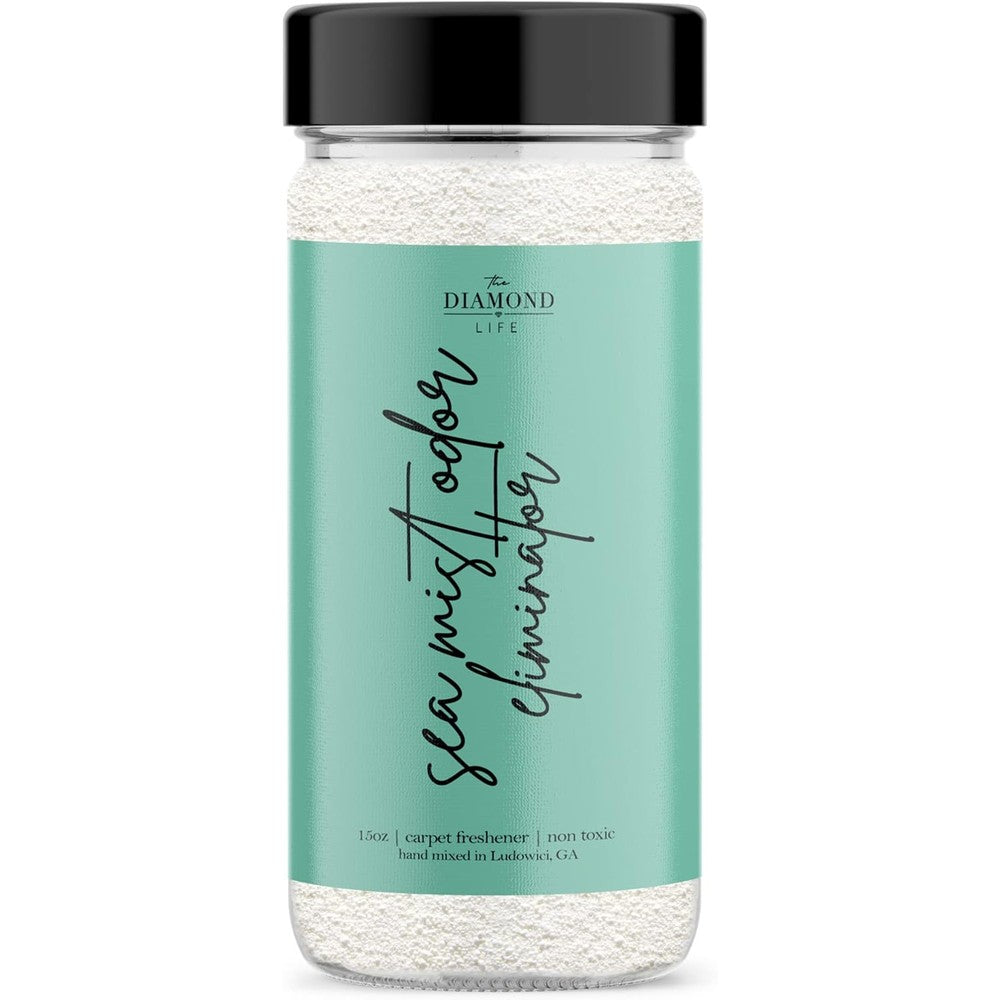 The Diamond Life Home Sea Mist Carpet Deodorizer Powder front view for pet odor removal.