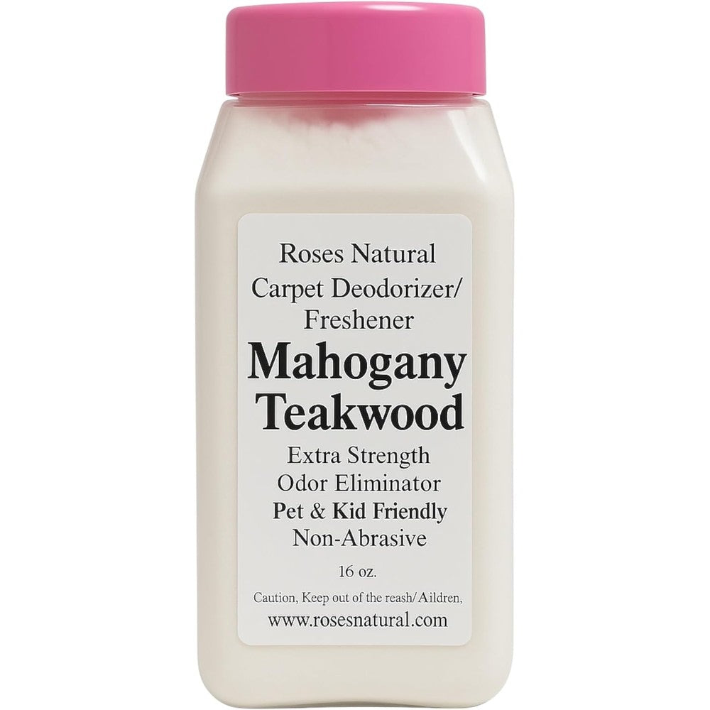Roses Natural Carpet Deodorizer Powder Mahogany Teakwood 16 Ounce front view imported freshener