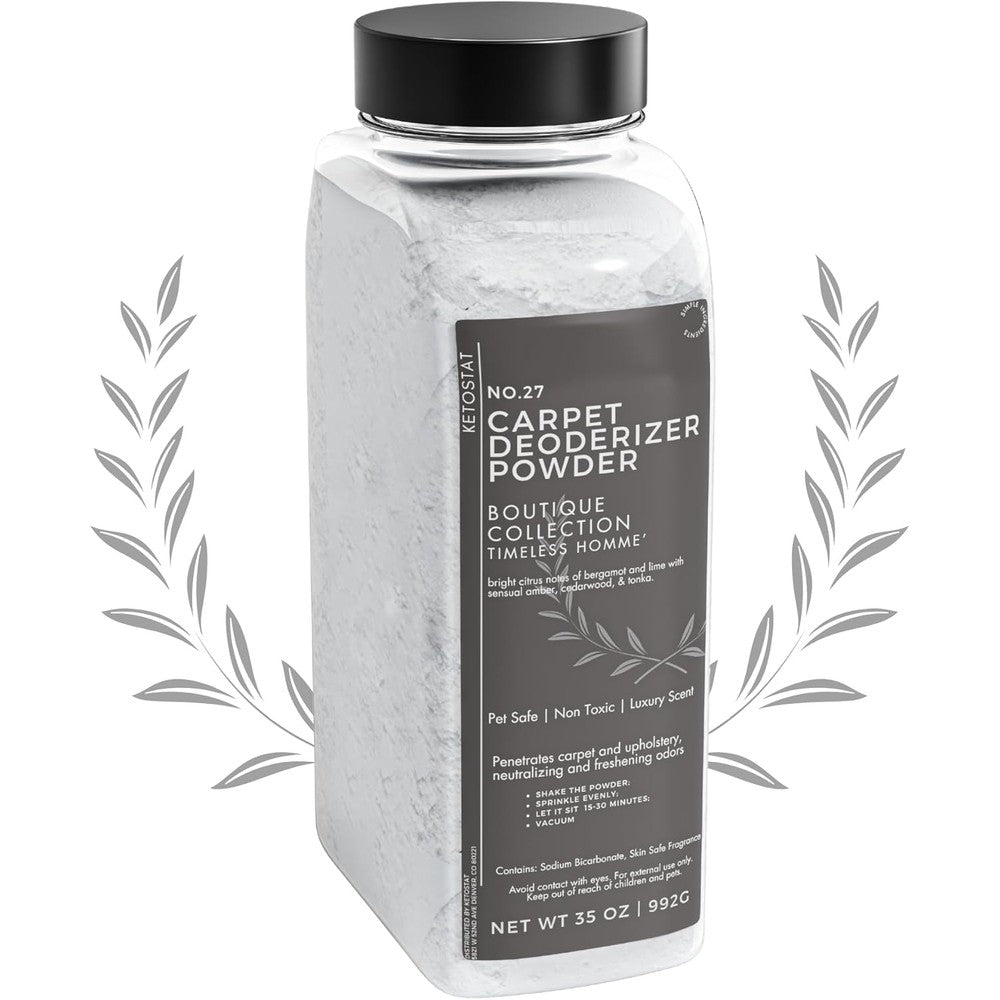 Ketostat Timeless Homme Carpet Deodorizer 35 Ounce front view powder shaker bottle.