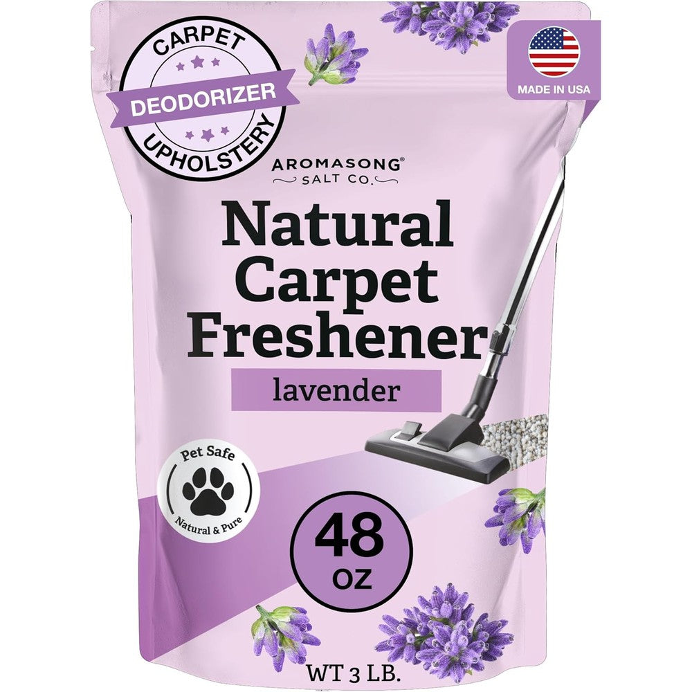 Aromasong Natural Lavender Carpet Deodorizer Powder 3 Pound bag front view for pet odor removal.
