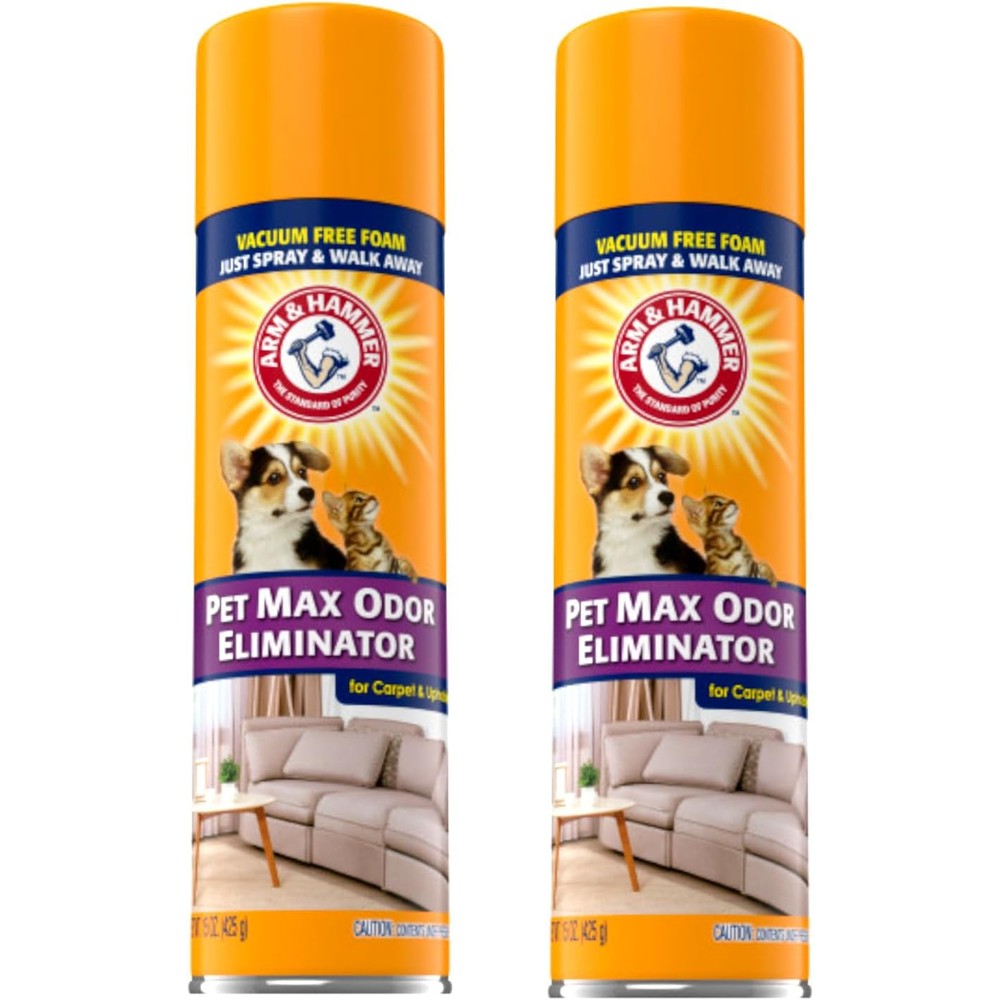 Arm And Hammer Pet Max Odor Eliminator 15 Ounce pack of two front view for pet smell removal.