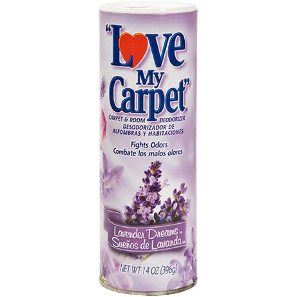 Love My Carpet Lavender Dreams Deodorizer front view showing two pack canisters for home odor elimination.