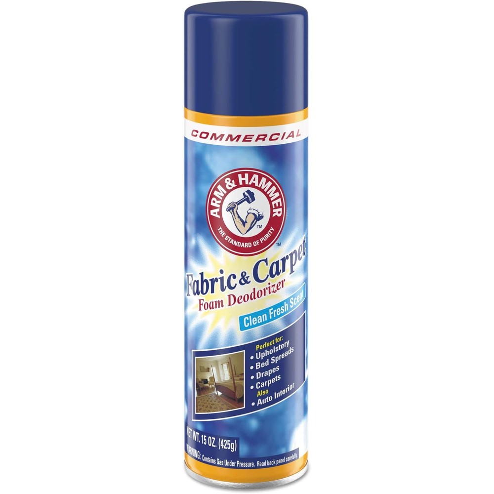 Arm & Hammer Fabric and Carpet Foam Deodorizer 15 Ounce front view aerosol can for home odor removal.