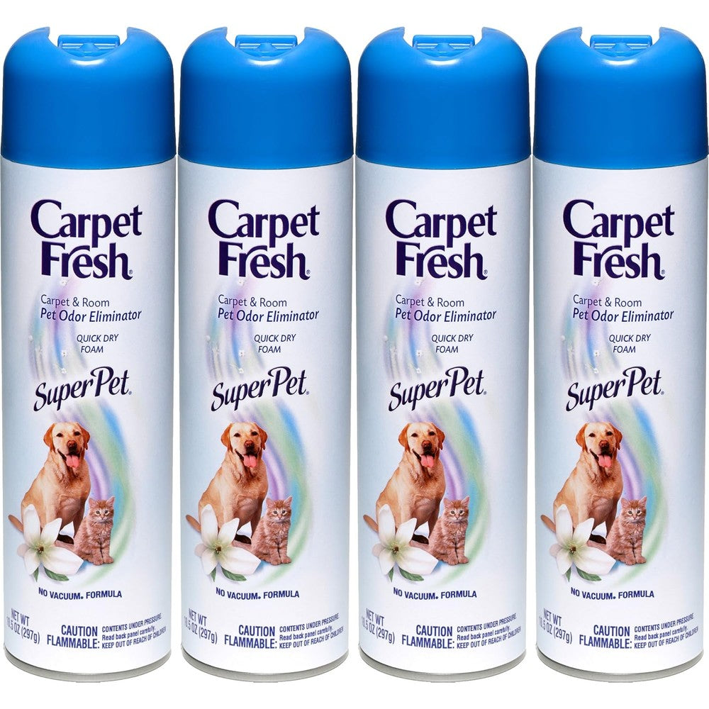 Carpet Fresh No-Vacuum Super Pet Foam Odor Eliminator aerosol can front view.