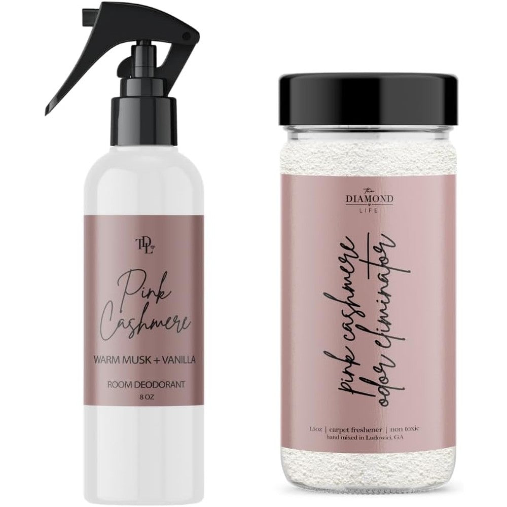 The Diamond Life Pink Cashmere bundle front view showing carpet powder and room spray.
